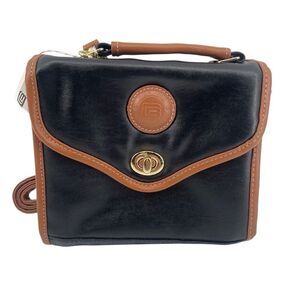 Vintage BPC 1976 Su & Sue Design Black Tan Faux Leather Top Handle Turn Lock Bag